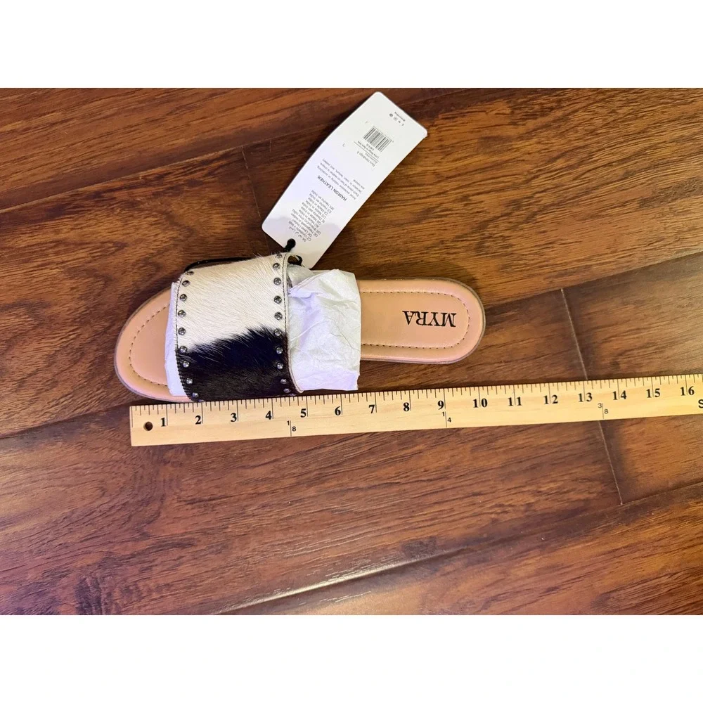 Myra Lettie Ridge Dark Hide Hair-On Leather Slide Sandals Size 9 NWT Cowhide